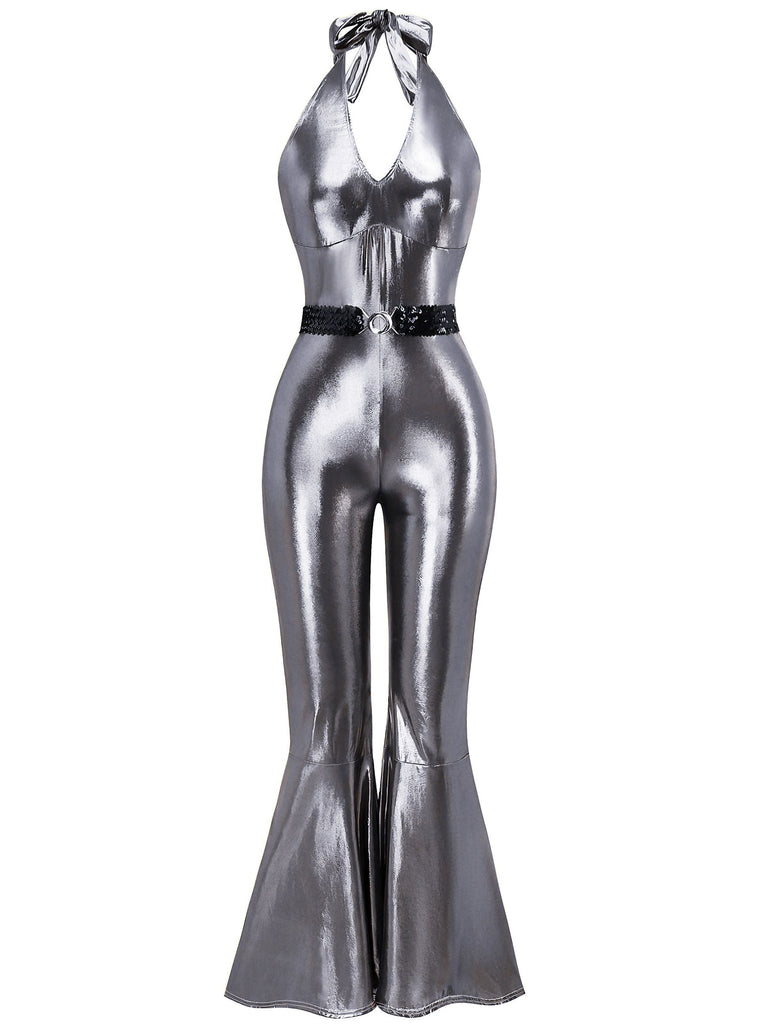 1970s Metallic Disco Halter Belted Jumpsuit