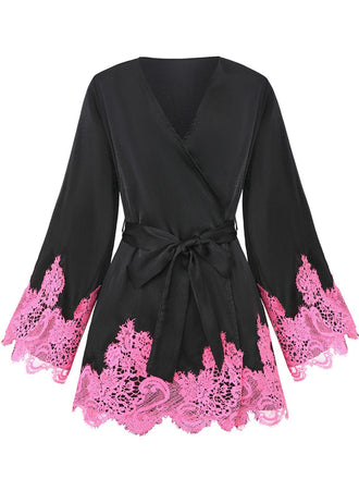 1960s Solid Satin Lace Trim Patchwork Tie Dress