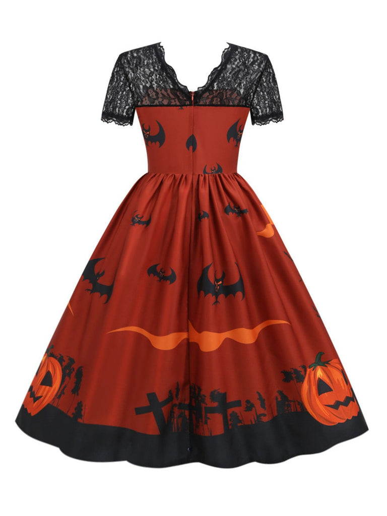 1950s Halloween Lace Patchwork Bat Swing Dress