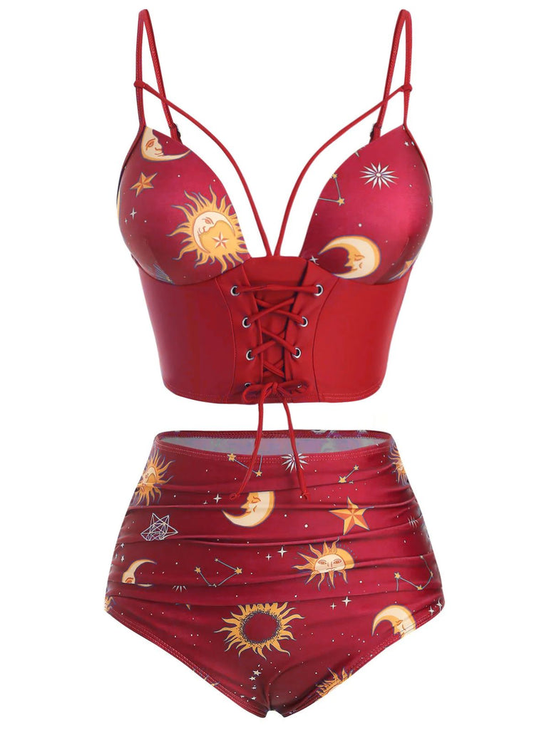 [Pre-Sale] Red 1940s Sun Moon Stars Lace-Up Swimsuit
