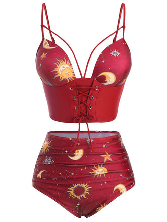 Red 1940s Sun Moon Stars Lace-Up Swimsuit