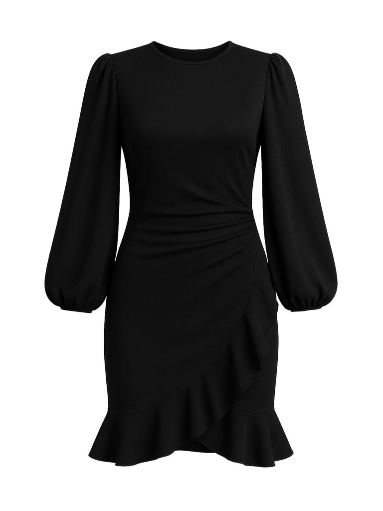 [Pre-Sale] Black 1960s Solid Puff-Sleeve Ruffled Dress