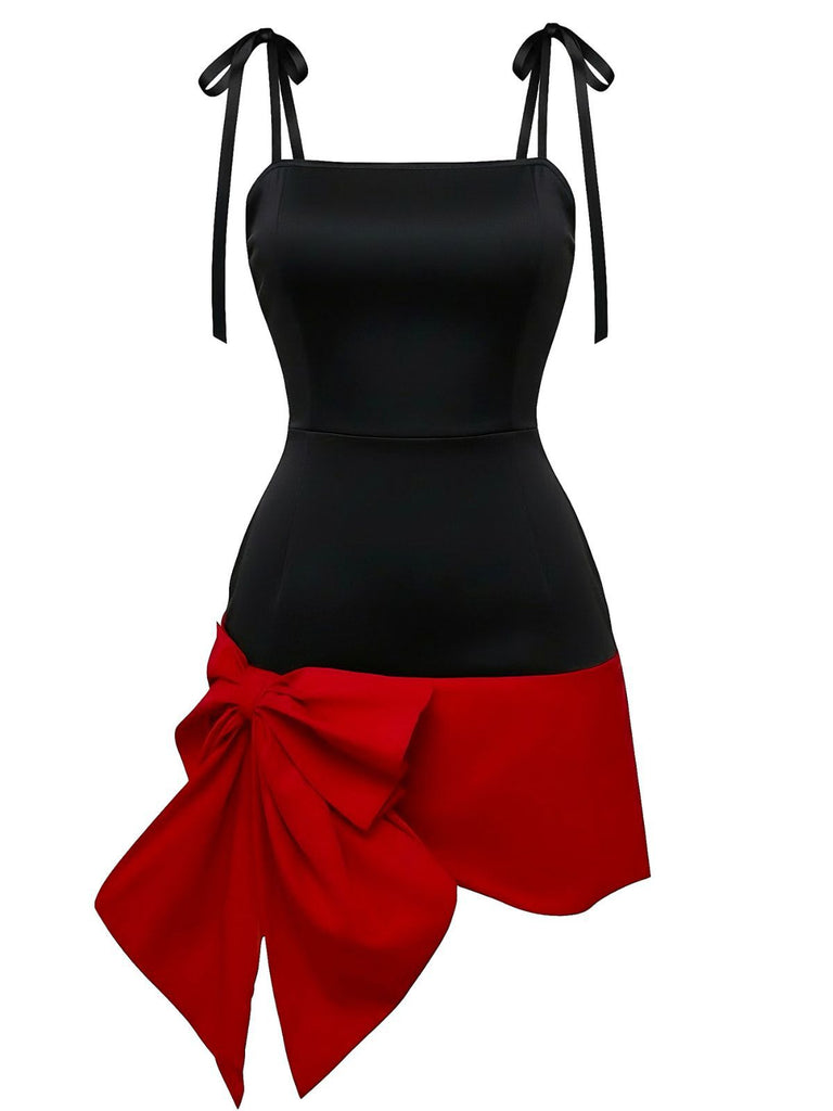 Black 1960s Square Neck Red Bow Tie Dress