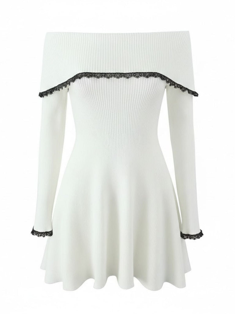 White 1970s Off-Shoulder Lace Knitted Dress