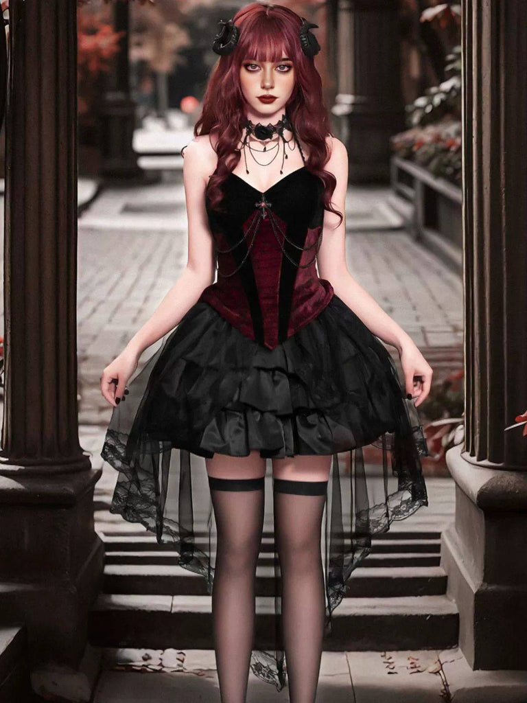 2PCS Red 1980s Gothic Cross Top & Lace Skirt