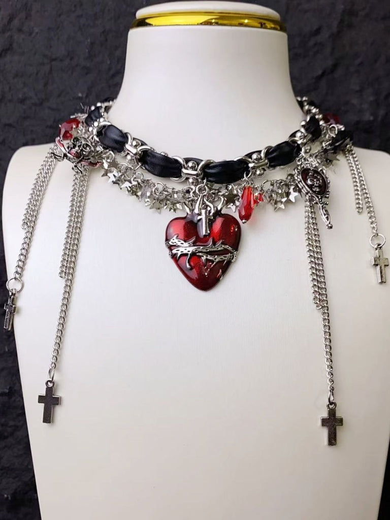 Gothic Thorns Heart Leather Cross Tassel Choker