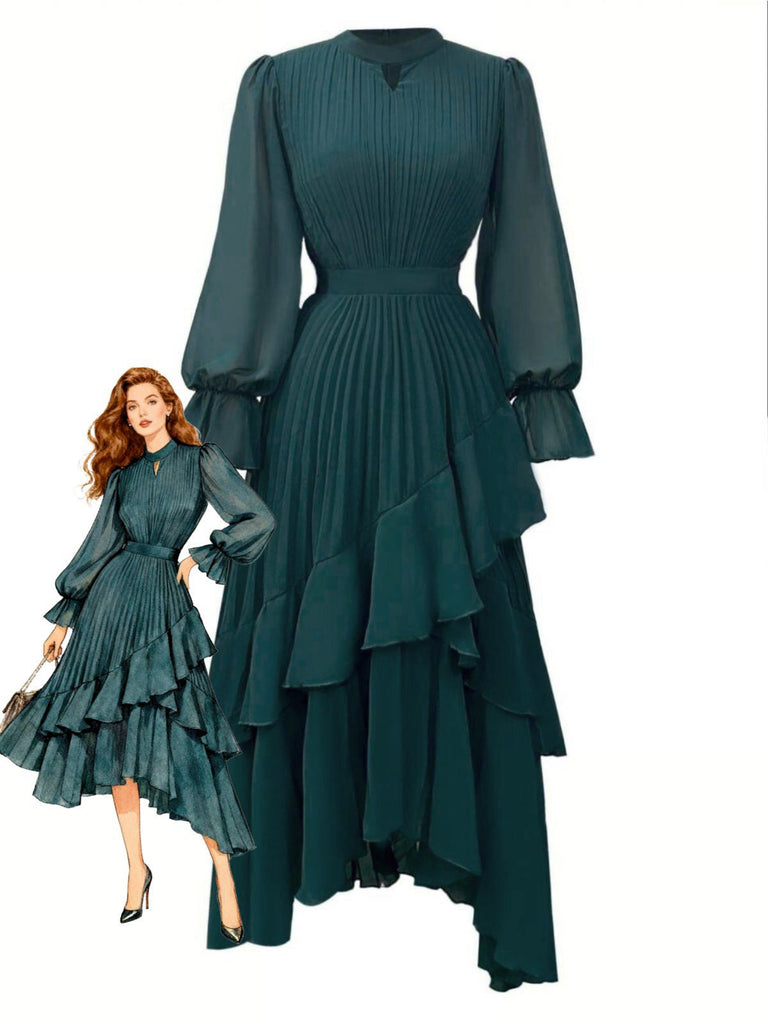 Green 1950s Solid Ruffled Hem Pleated Dress
