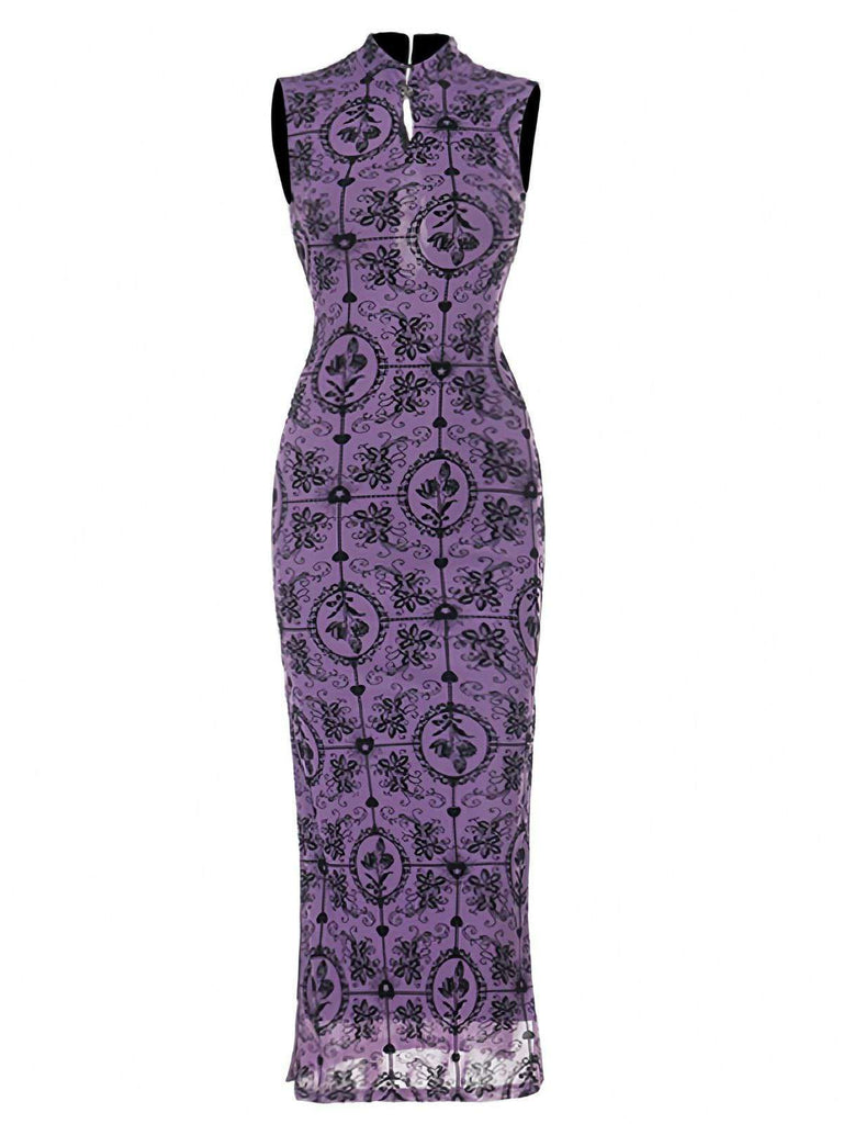 Purple 1930s Rose Flocked Neo-Chinese Dress