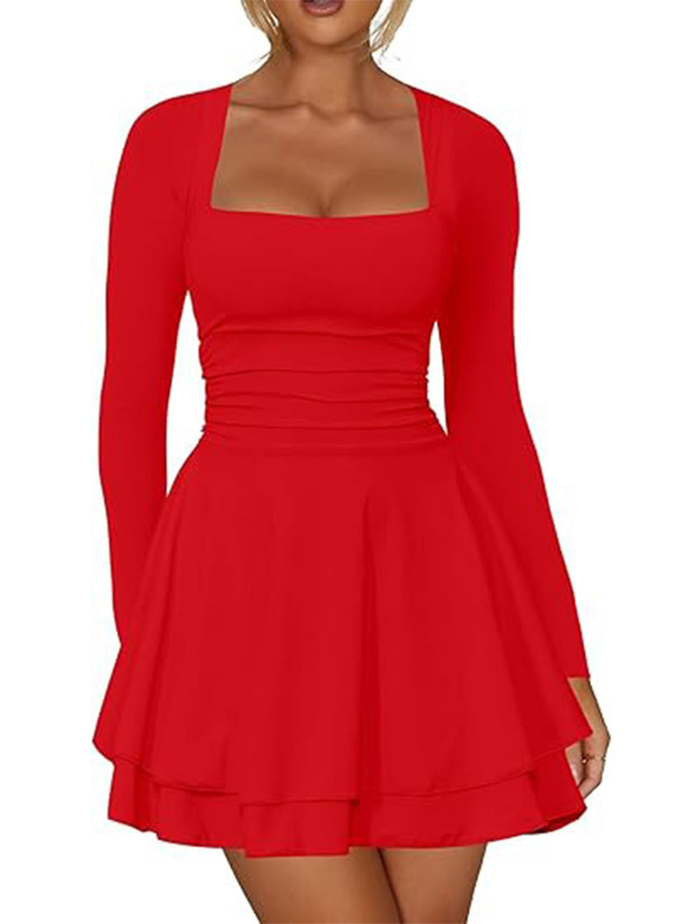 1980s Solid Fitted Square Neck Long Sleeve Dress