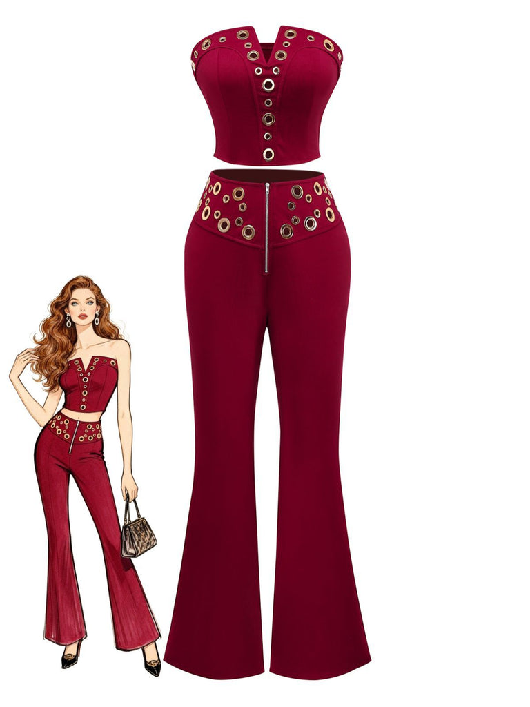 2PCS 1970s Strapless Metal Buckle Punk Top & Pants