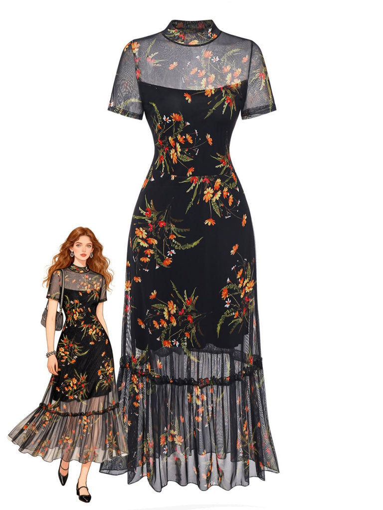 Black 1930s Floral Mesh Ruffle Midi Dress