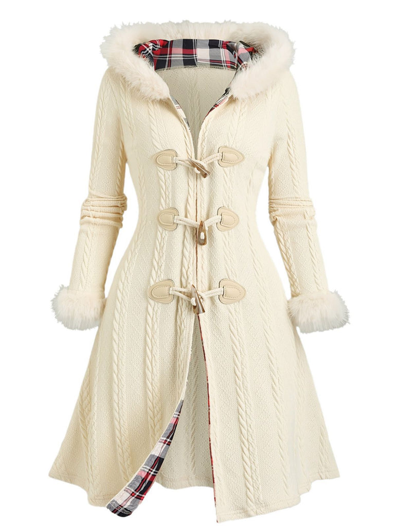 [Plus Size] Ivory 1950s Knit Fur Trimmed Hooded Coat