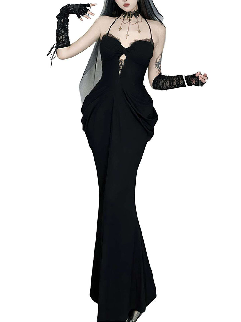 Black 1930s Lace Trimmed Halter Maxi Dress