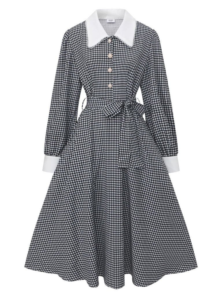 Black 1940s Houndstooth Puff-Sleeves Pearl Button Dress