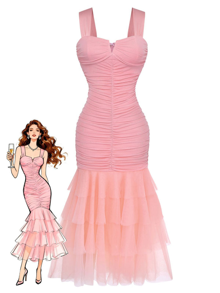 1930s Solid Mesh Patchwork Ruched Bodycon Dress