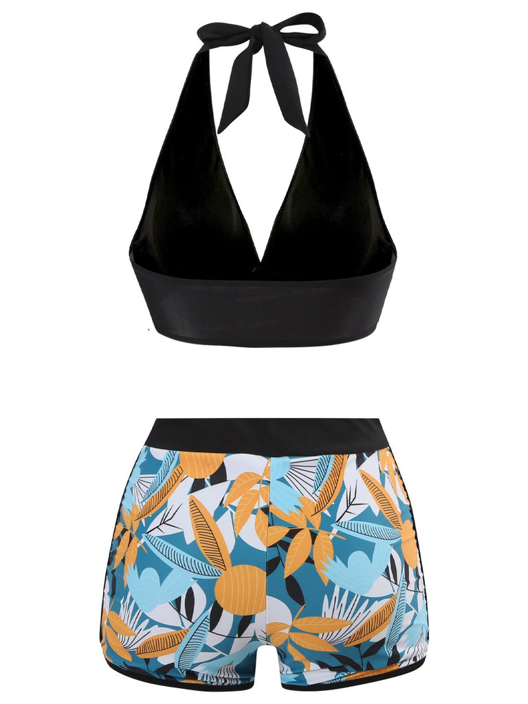 1970s V-Neck Tropical Plants Halter Swimsuit