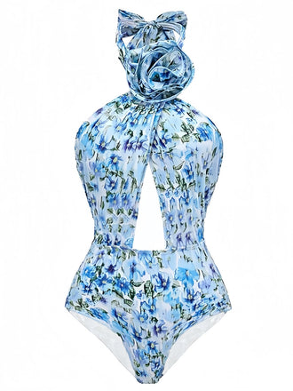 Blue 1930s Halter Floral Print 3D Rose Swimsuit