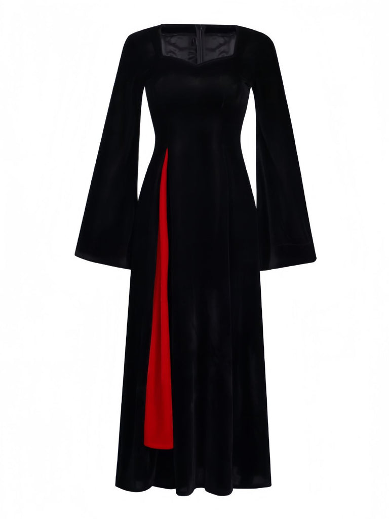 1930s Velvet Bell-Sleeve Wednesday Addams Style Dress