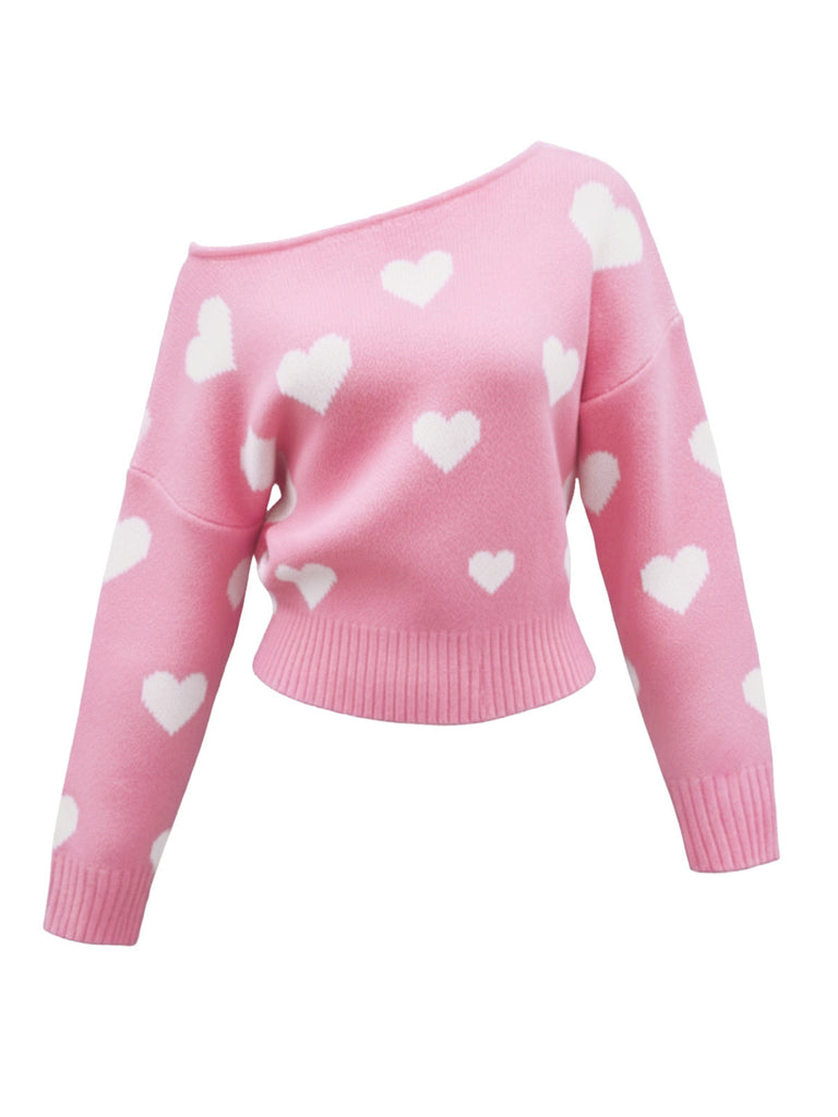 1970s Valentine Heart Asymmetrical Shoulder Pullover Sweater