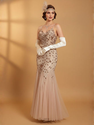 Beige 1920s Sequin Mesh Backless Mermaid Evening Dress