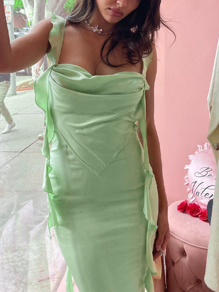 1970s Solid Satin Ruffle Backless Ruched Dress