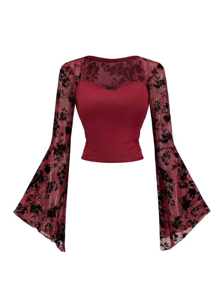 1980s Gothic Lace Mesh Bell Sleeve Top