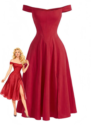Red 1950s Solid Off-Shoulder Slit Fishbone Dress