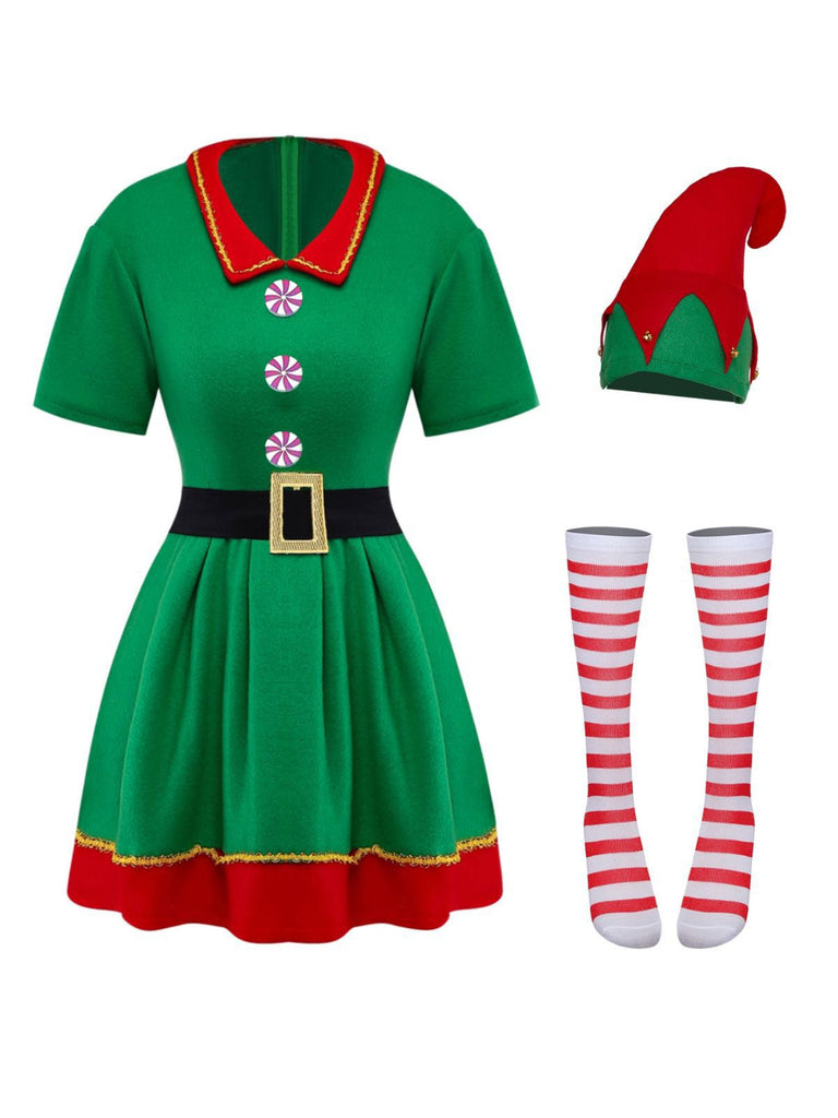 Green 1960s Christmas Elf Cosplay Costume Dress Set