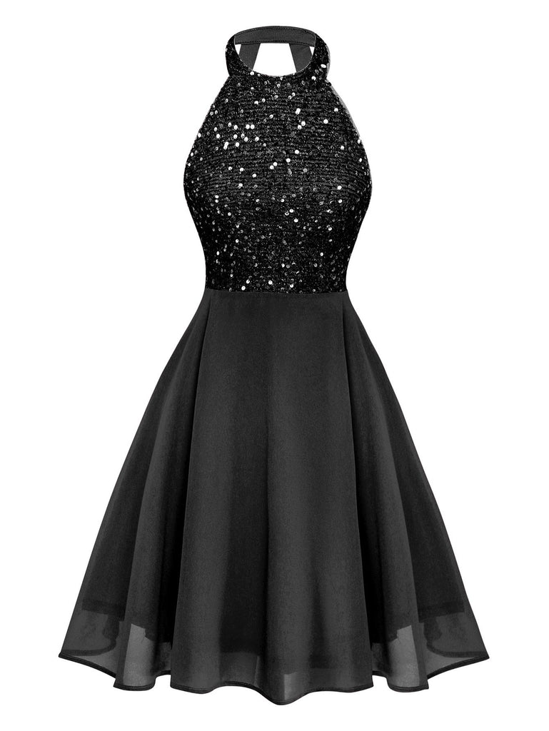 1950s Solid Beaded Sequined Sleeveless Patchwork Dress