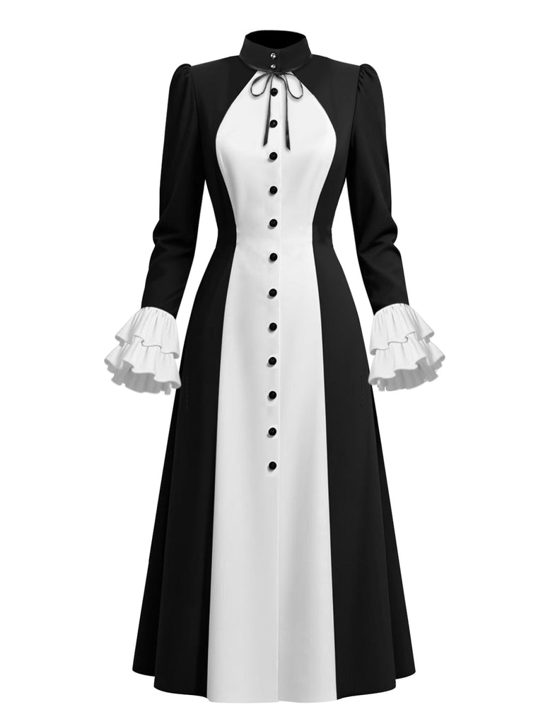 [Pre-Sale] 1940s Nun Style Black White Contrast Ruffle Dress