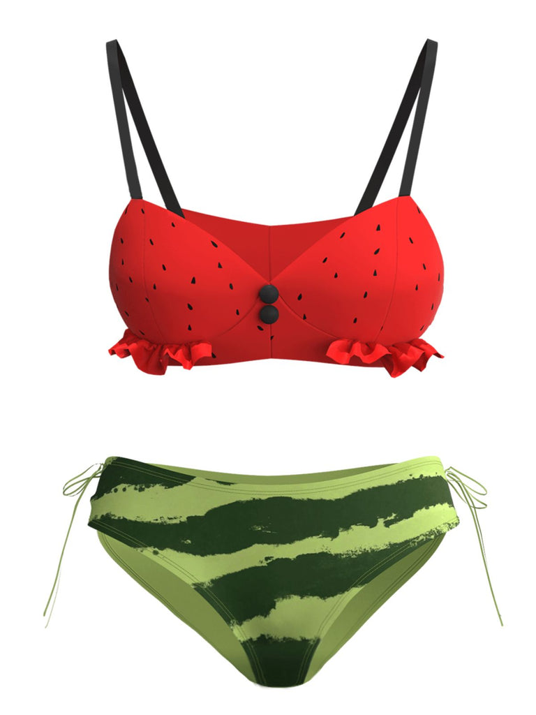Pre-Sale] Red 1950s Watermelon Suspender Bikini Set
