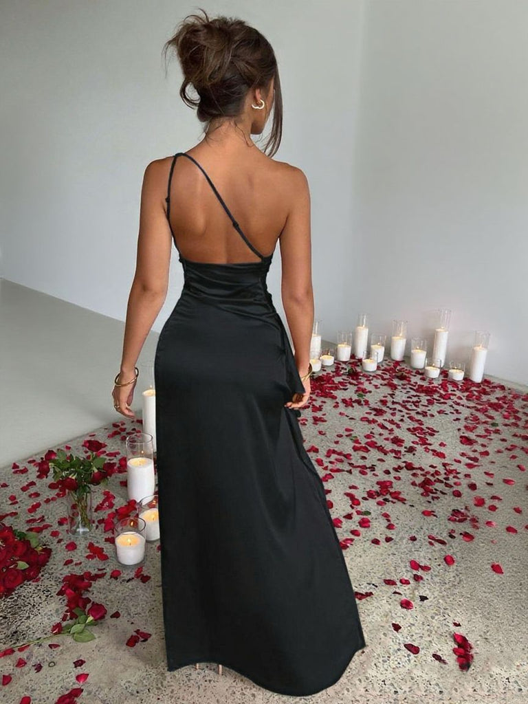 1960s One Shoulder Ruched Slit Satin Dress