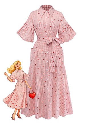 Pink 1940s Plaid Heart Lantern Sleeve Belted Dress