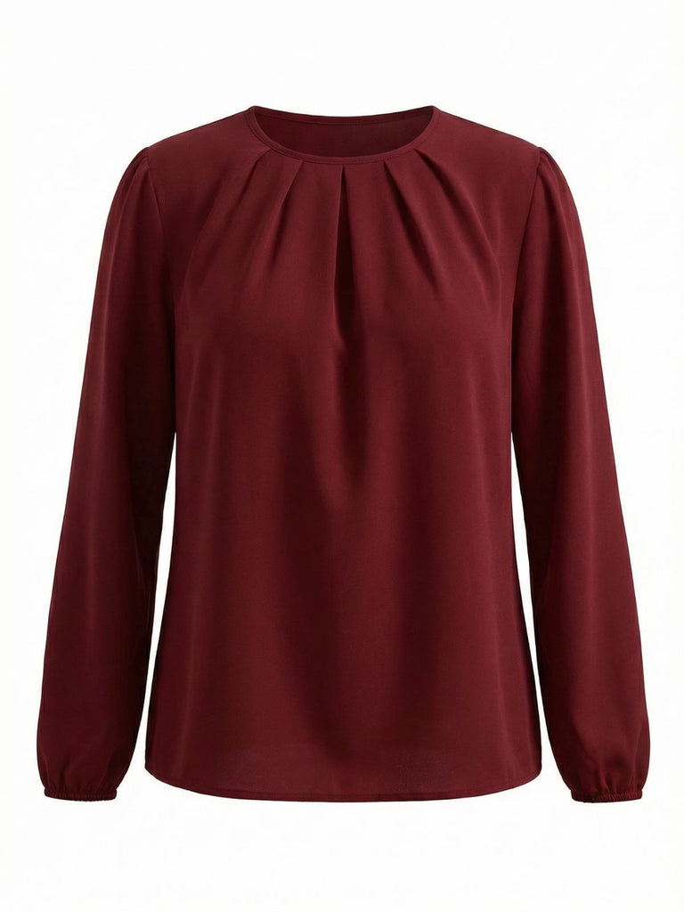 [Plus Size] Burgundy 1940s Pleated Long Sleeve Blouse
