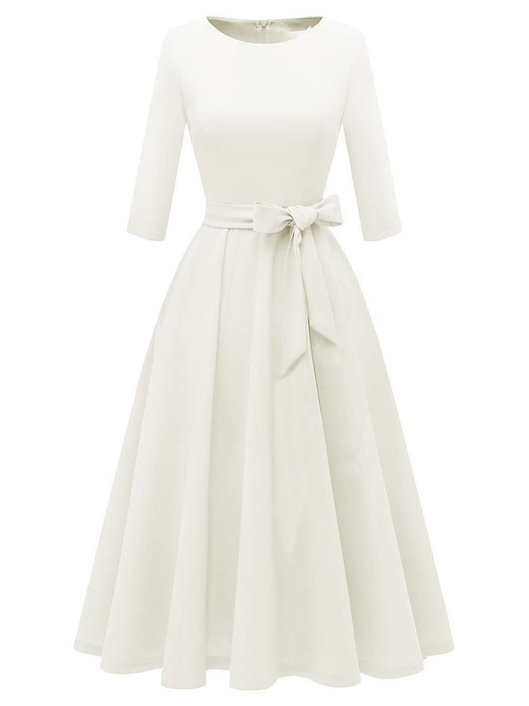 1940s Solid Fit Bow 3/4 Sleeves Swing Dress