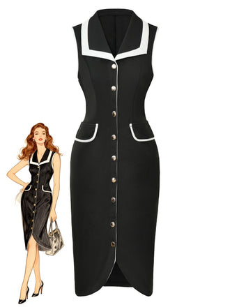 Black 1960s Sleeveless Lapel Button Bodycon Dress