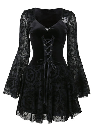 Black 1960s Gothic Flocked Dress