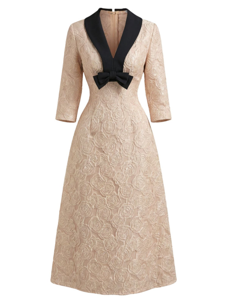 Champagne 1930s Rose Jacquard V-Neck Bow Dress