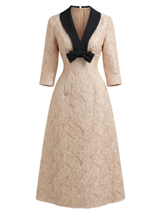 Champagne 1930s Rose Jacquard V-Neck Bow Dress