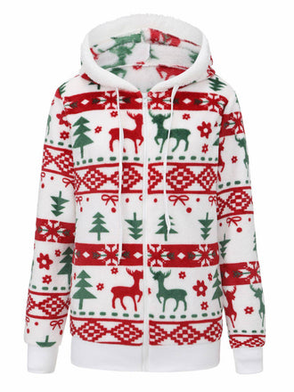 Multicolor 1940s Reindeer & Christmas Tree Plush Hoodie