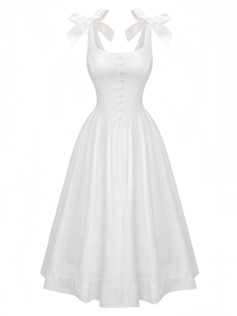 White 1940s Solid Lace-Up Button Dress