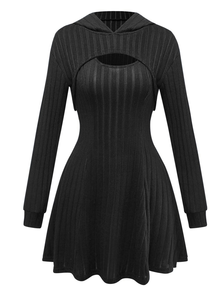 2PCS 1940s Ribbed Knit Cut-Out Hoodie Dress