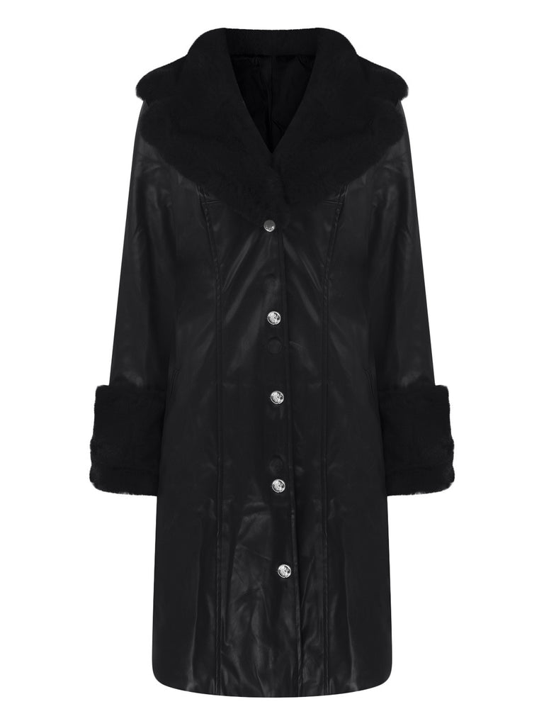 1940s Lapel Fur Collar Zip PU Leather Coat