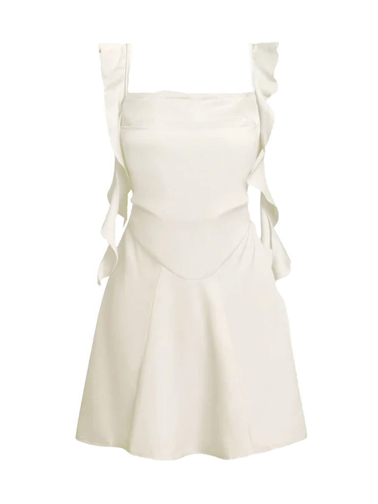 1980s Solid Ruffled Strap Square Neck Dress