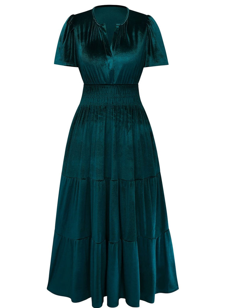 1930s Velvet Solid Short Sleeve Maxi Dress