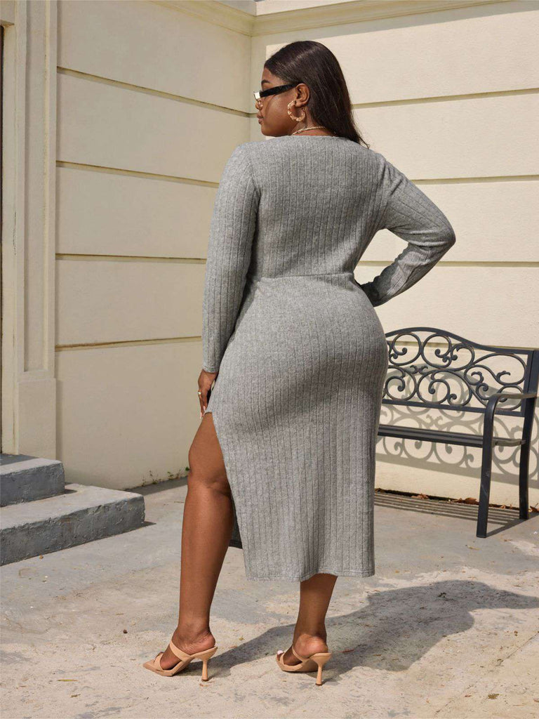 [Plus Size] Light Gray 1960s Knitted Square Neck Dress