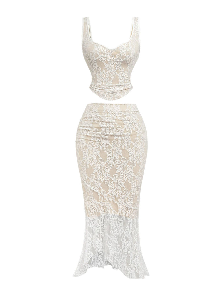2PCS White 1980s Lace Floral V-Neck Tank & Mermaid Skirt