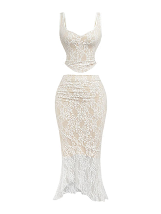 2PCS White 1980s Lace Floral V-Neck Tank & Mermaid Skirt