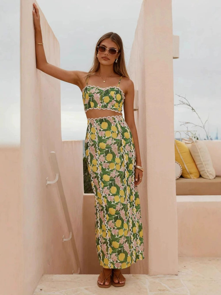 2PCS 1960s Lace Lemon Slip Top & Maxi Skirt