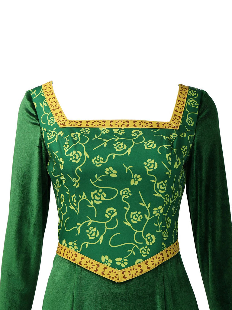 Green 1930s Shrek Medieval Style Embroidered Dress